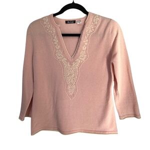 Astrid Women's Pink 100% Cashmere V Neck Embroidered Sweater Size M work office
